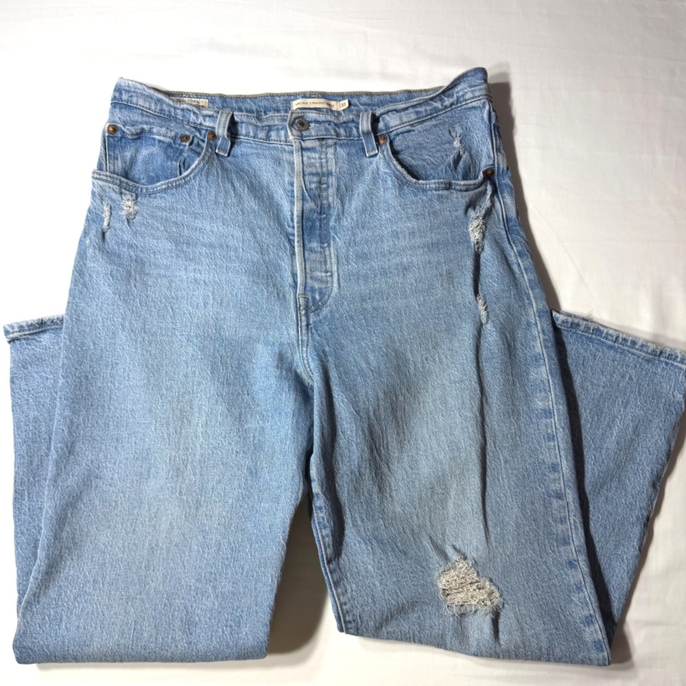Levi's Premium Ribcage Straight Ankle Jeans Light Distressed Blue Size 31x27